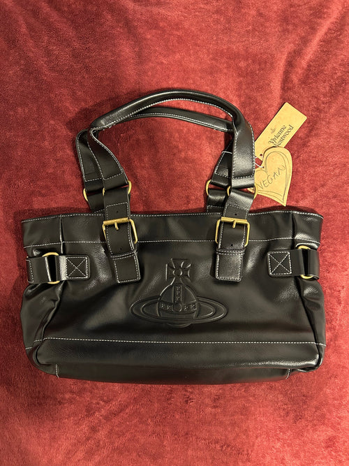 Black and Gold Orb Engraved Design Leather Messenger Tote Hand Bag