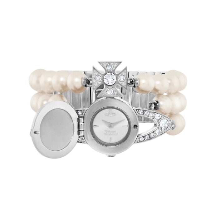 Beaded Pearl Strand Triple Layer Gem Orb Silver Watch