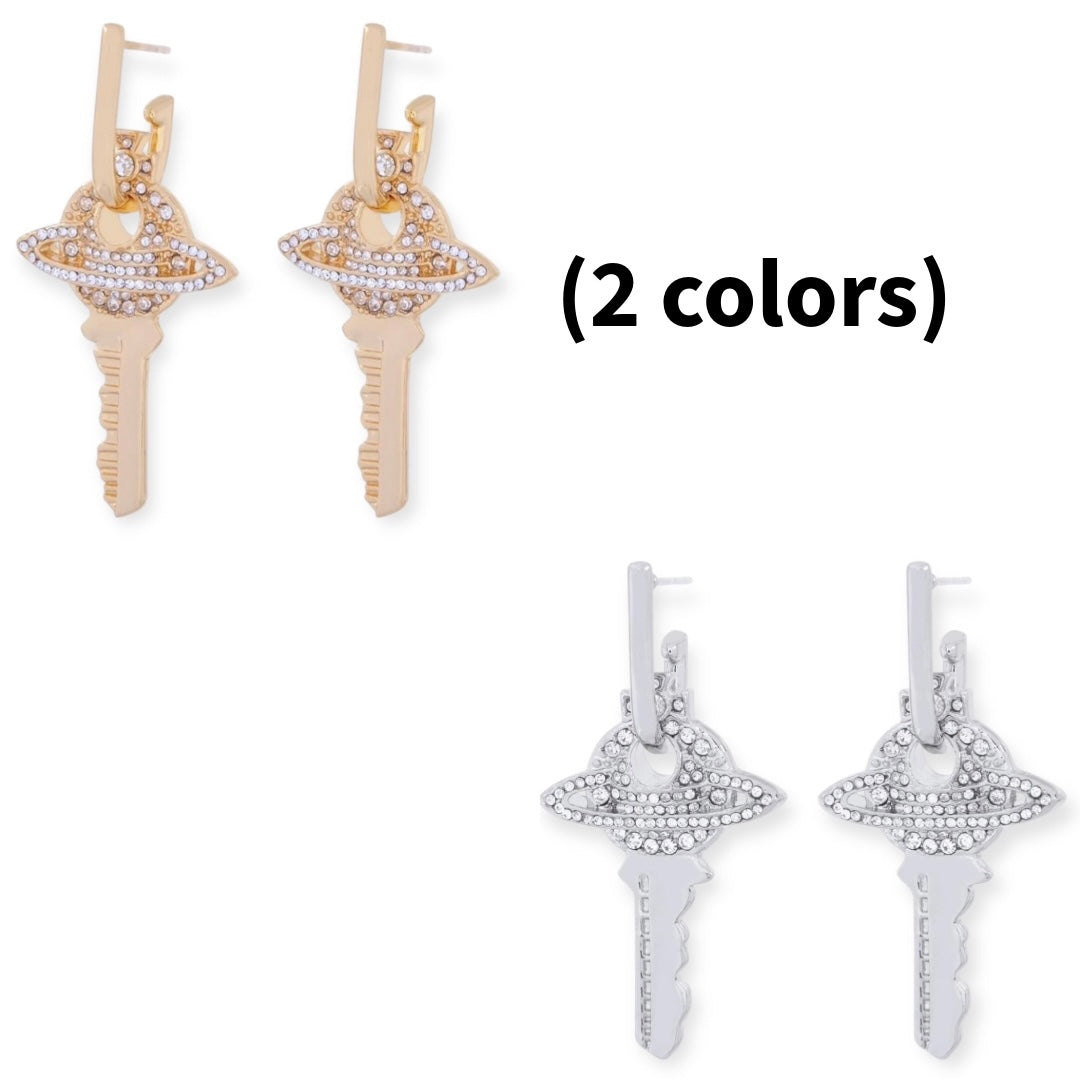 Key Orb Pendant Silver Gem Studded Earrings Gold & Silver (2 Colors)