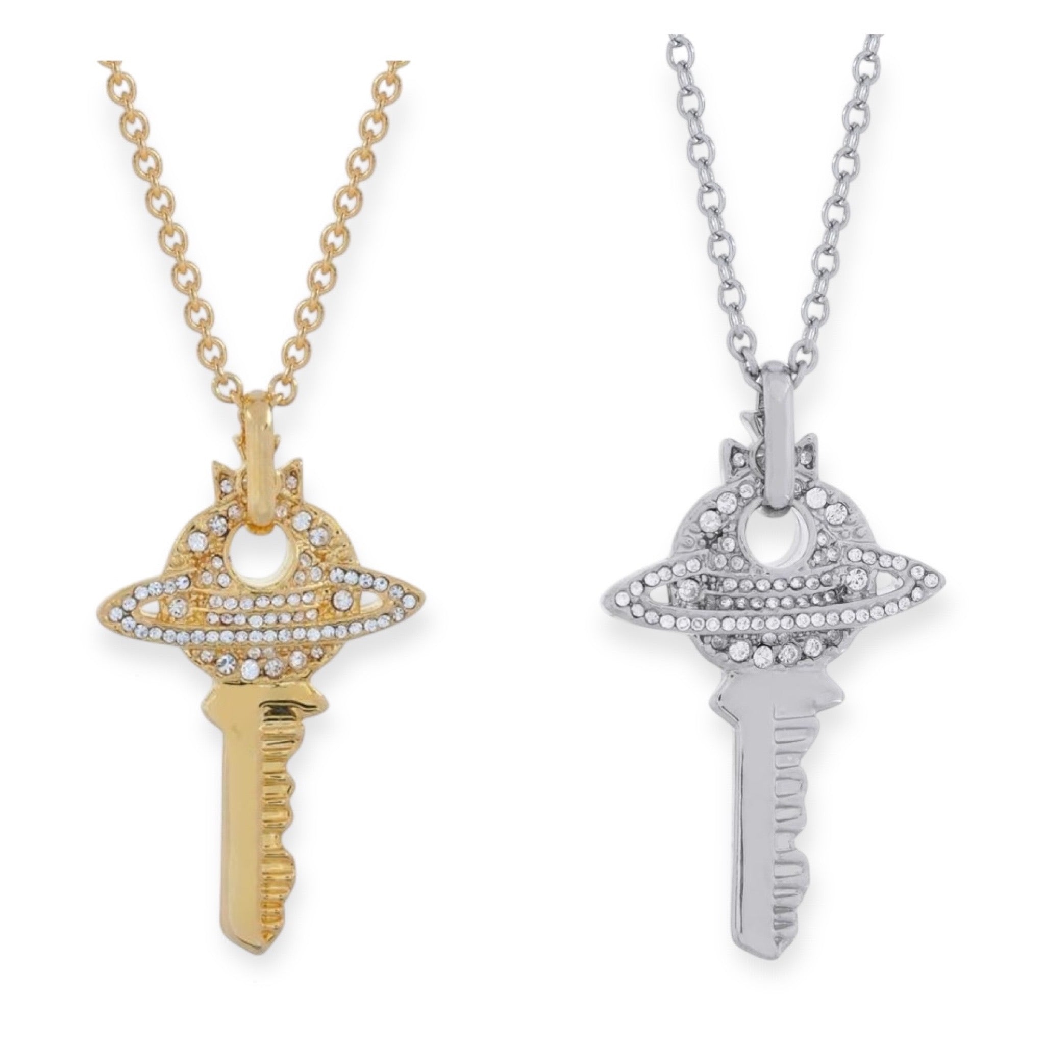 Key Orb Pendant Silver Gem Studded Necklace Gold & Silver (2 Colors)