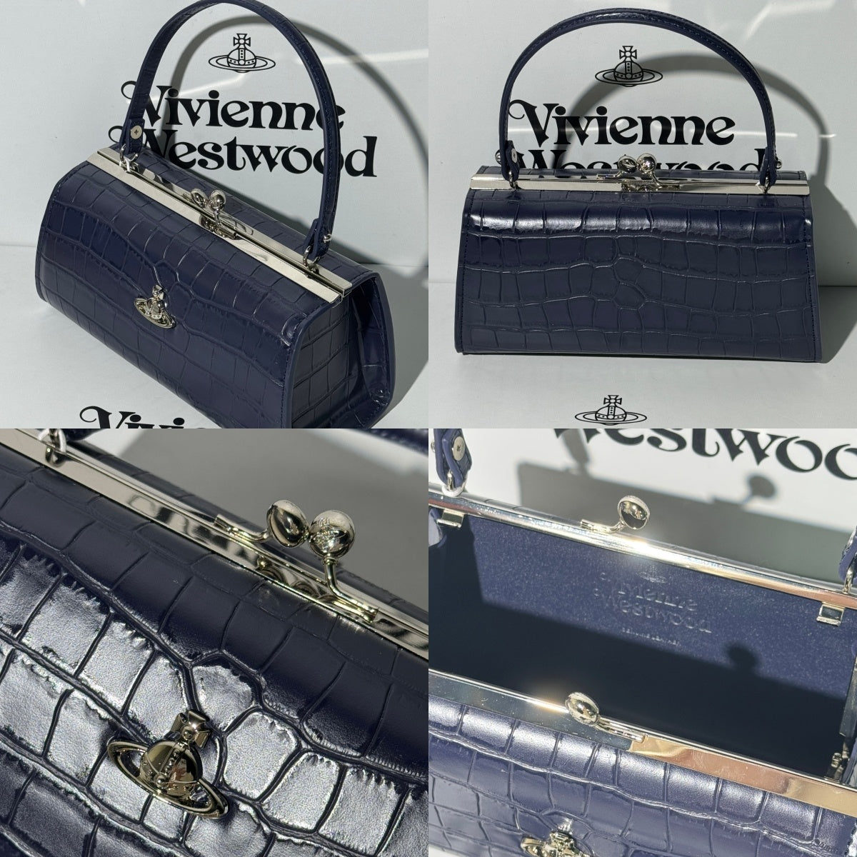 Croc Embossed Dark Blue Kiss Lock Top Handle Handbag