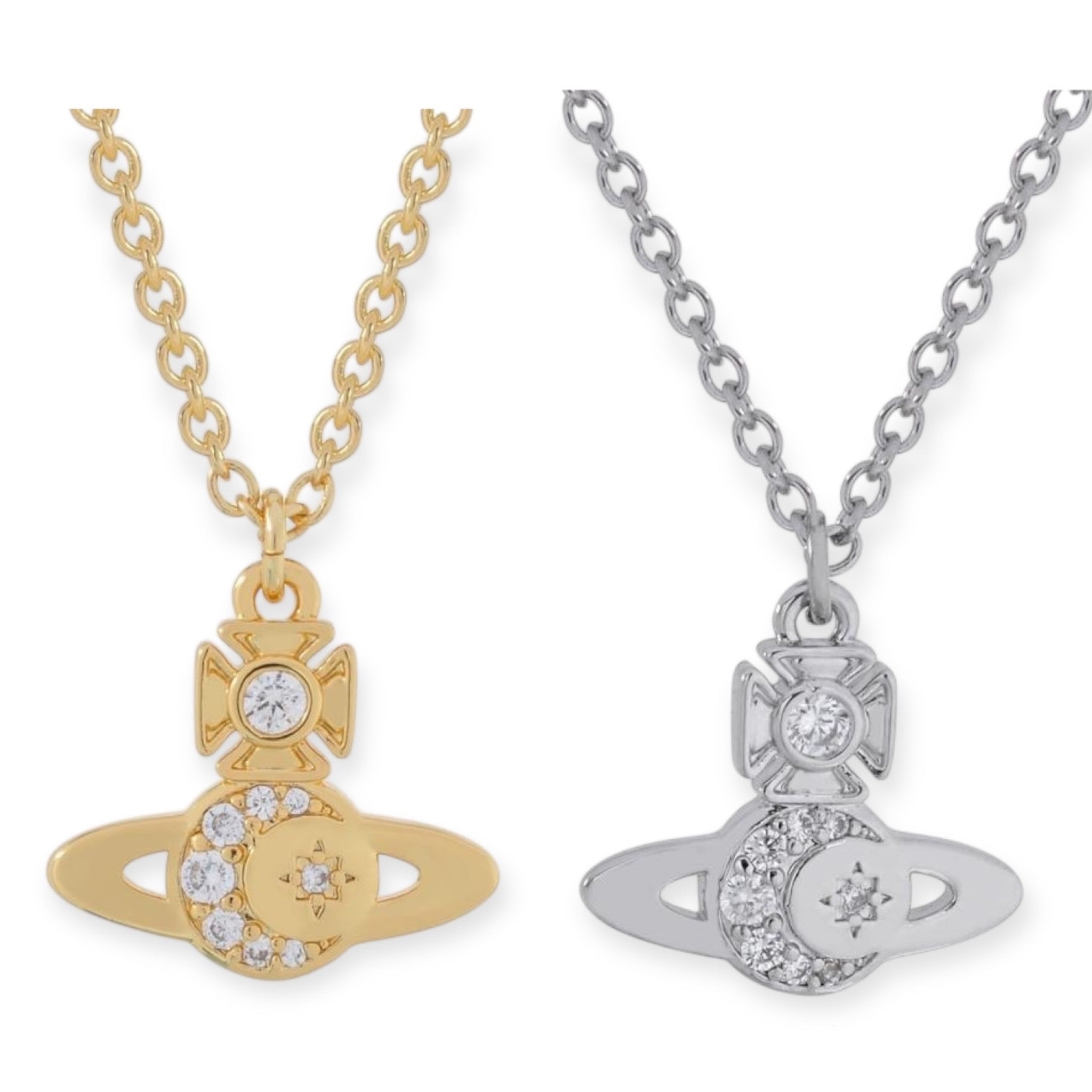 Gem Studded Crescent Moon Stars Display Orb Pendant Necklace Gold & Silver (2 Colors)