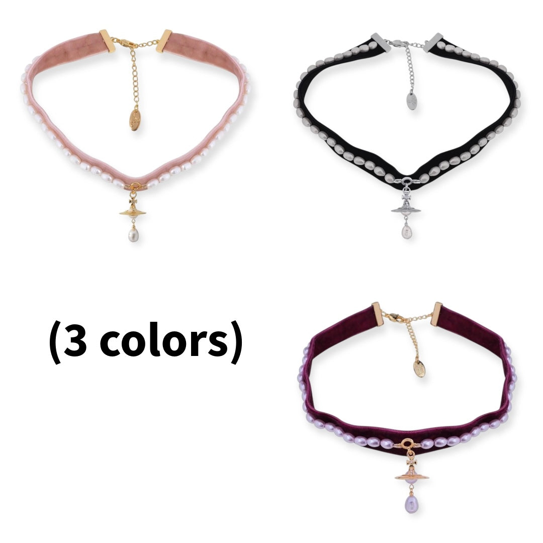 Velvet Felt Belt Pearl Link Tear Drop Orb Choker Necklace (3 Colors)
