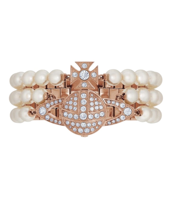 Beaded Pearl Strand Triple Layer Gem Orb Rose Gold Watch