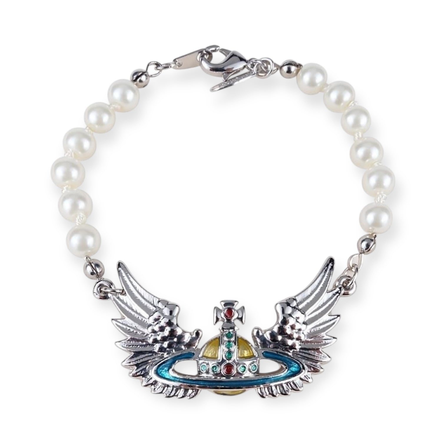 Angel Wings Design Abstract Orb Pendant Beaded Pearl Bracelet