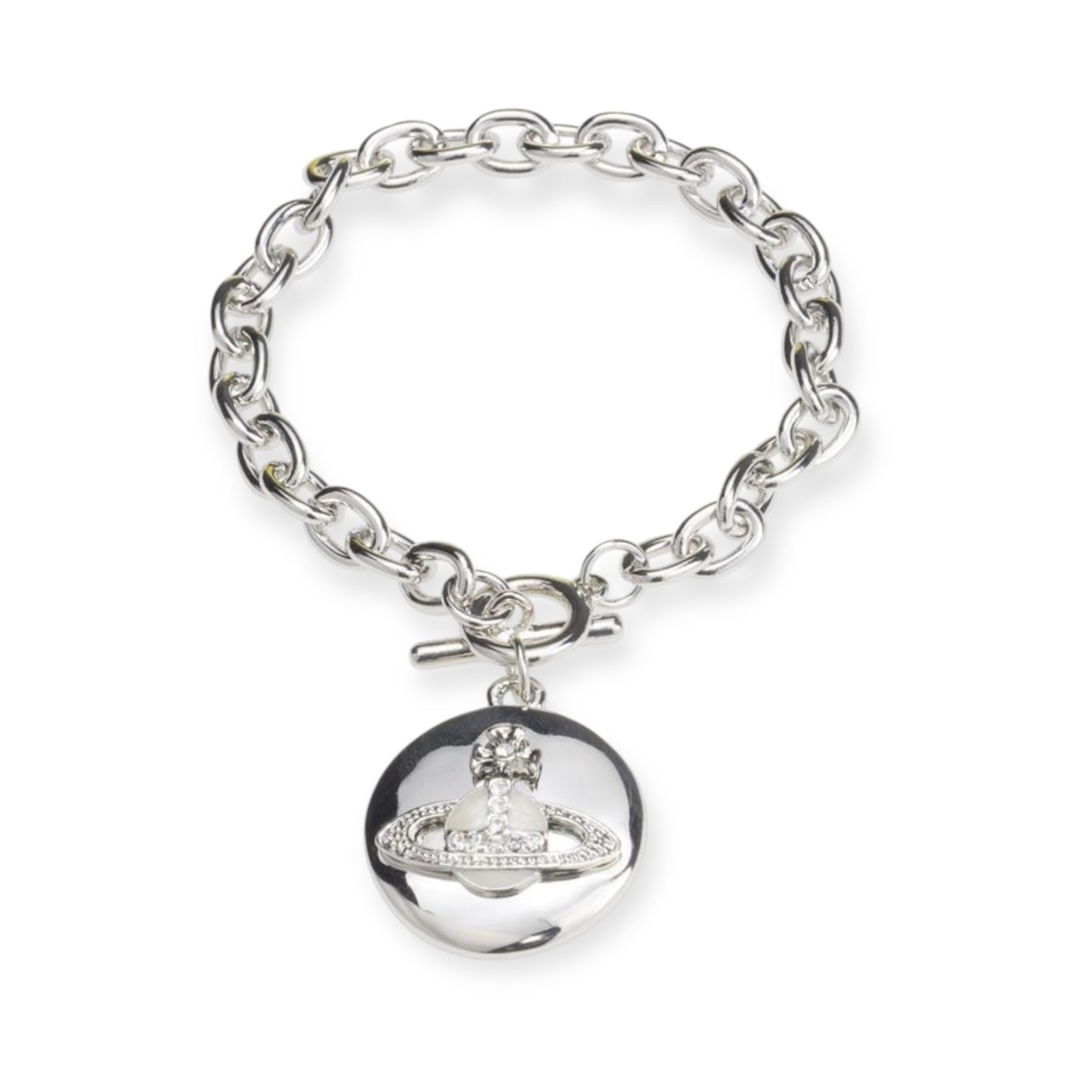 Circle Plate White Opal Orb Pendant Silver Bracelet