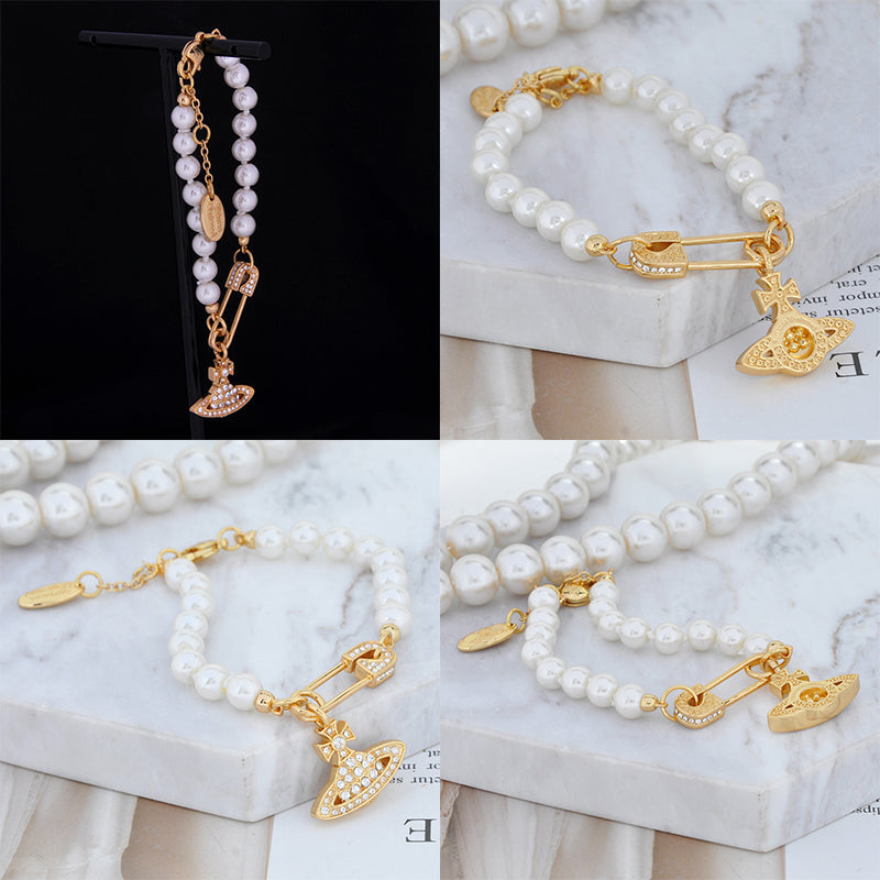 Beaded Pearl Asymmetrical Safety Pin Gem Studded Orb Pendant Gold & Silver Bracelet (2 Colors)