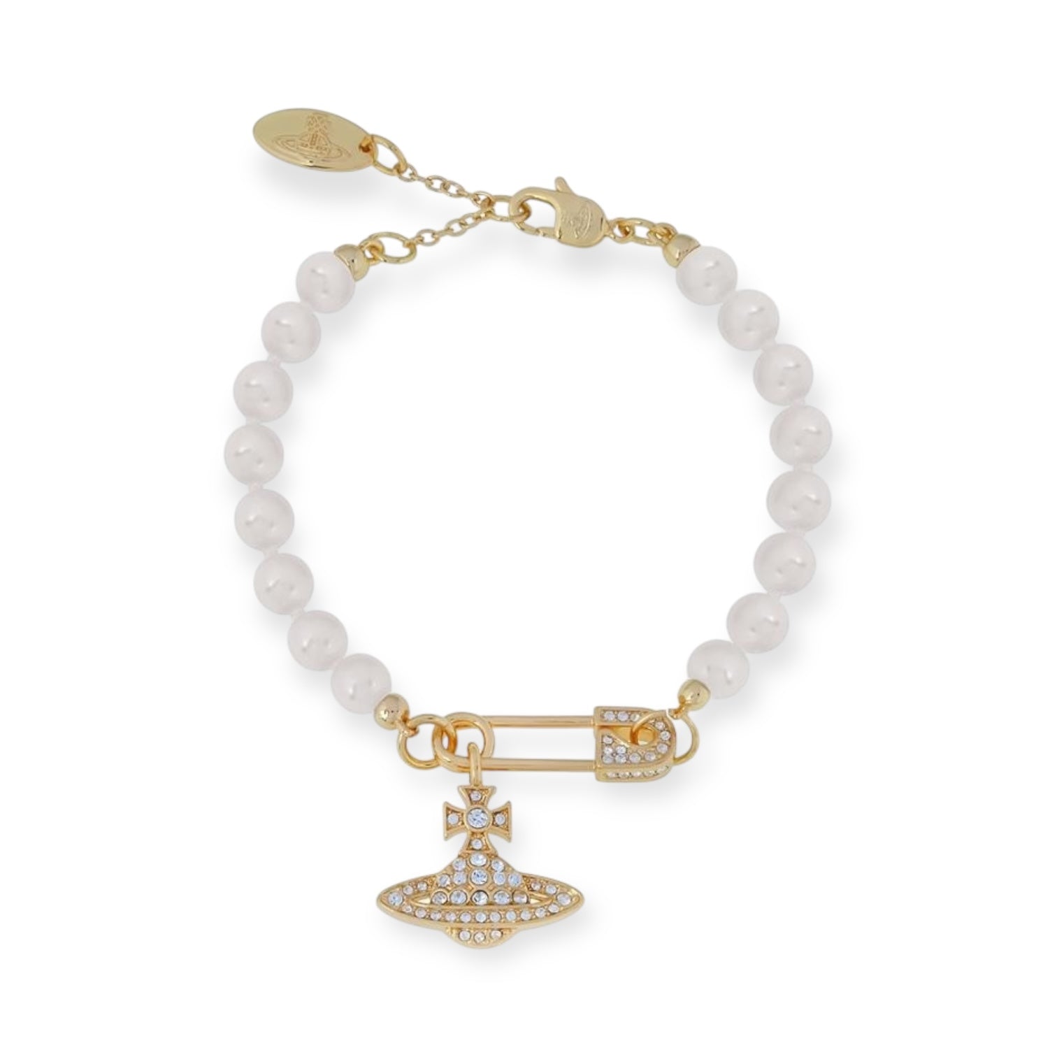 Beaded Pearl Asymmetrical Safety Pin Gem Studded Orb Pendant Gold & Silver Bracelet (2 Colors)