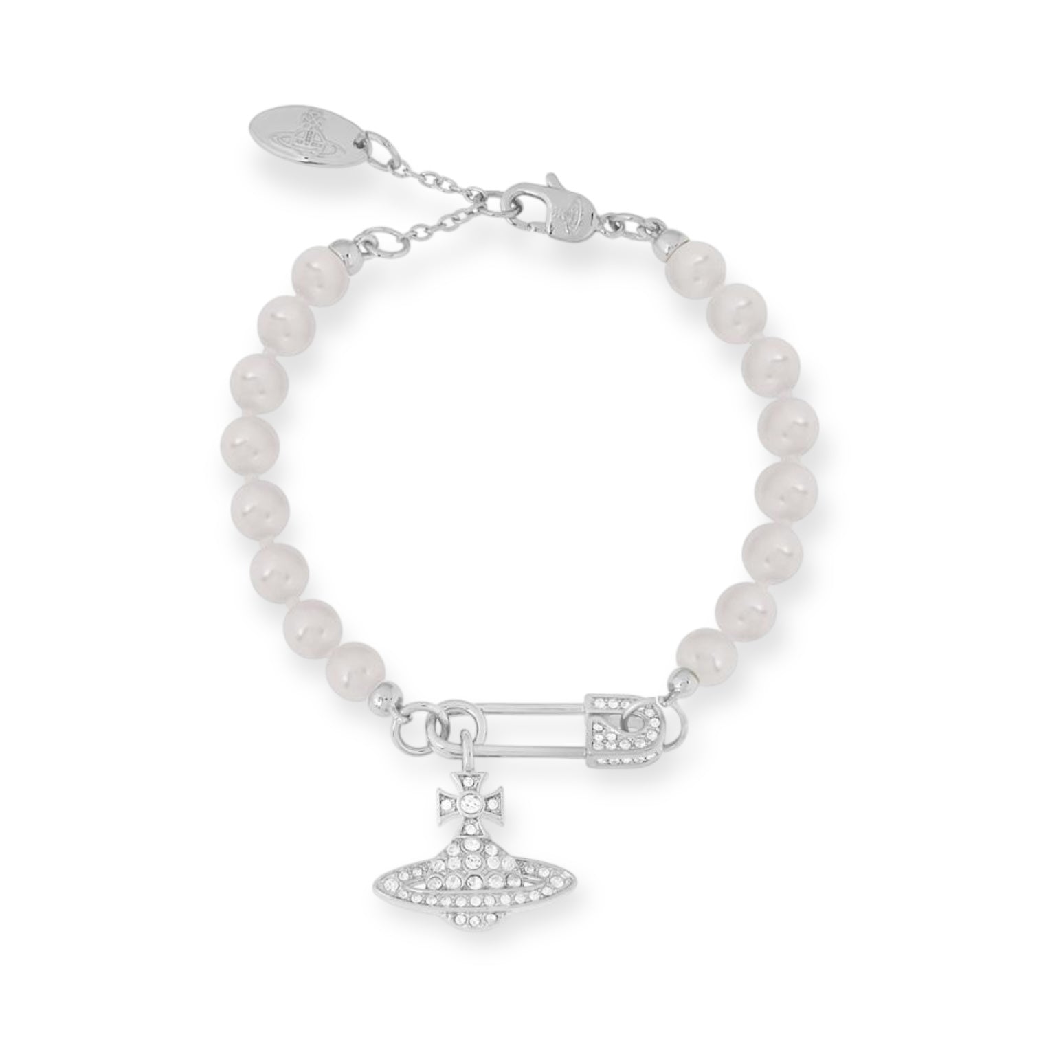 Beaded Pearl Asymmetrical Safety Pin Gem Studded Orb Pendant Gold & Silver Bracelet (2 Colors)