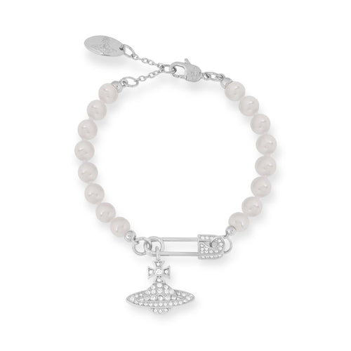 Beaded Pearl Asymmetrical Safety Pin Gem Studded Orb Pendant Gold & Silver Bracelet (2 Colors)