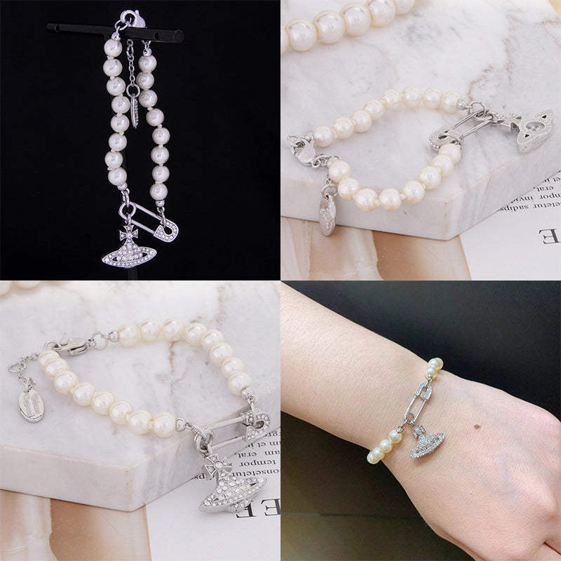 Beaded Pearl Asymmetrical Safety Pin Gem Studded Orb Pendant Gold & Silver Bracelet (2 Colors)