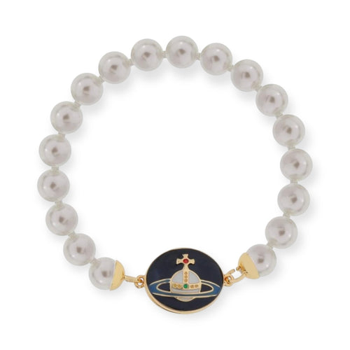 Beaded Pearl Chain Orb Engraved Pendant Magnetic Clasp Bracelet (4 Colors)