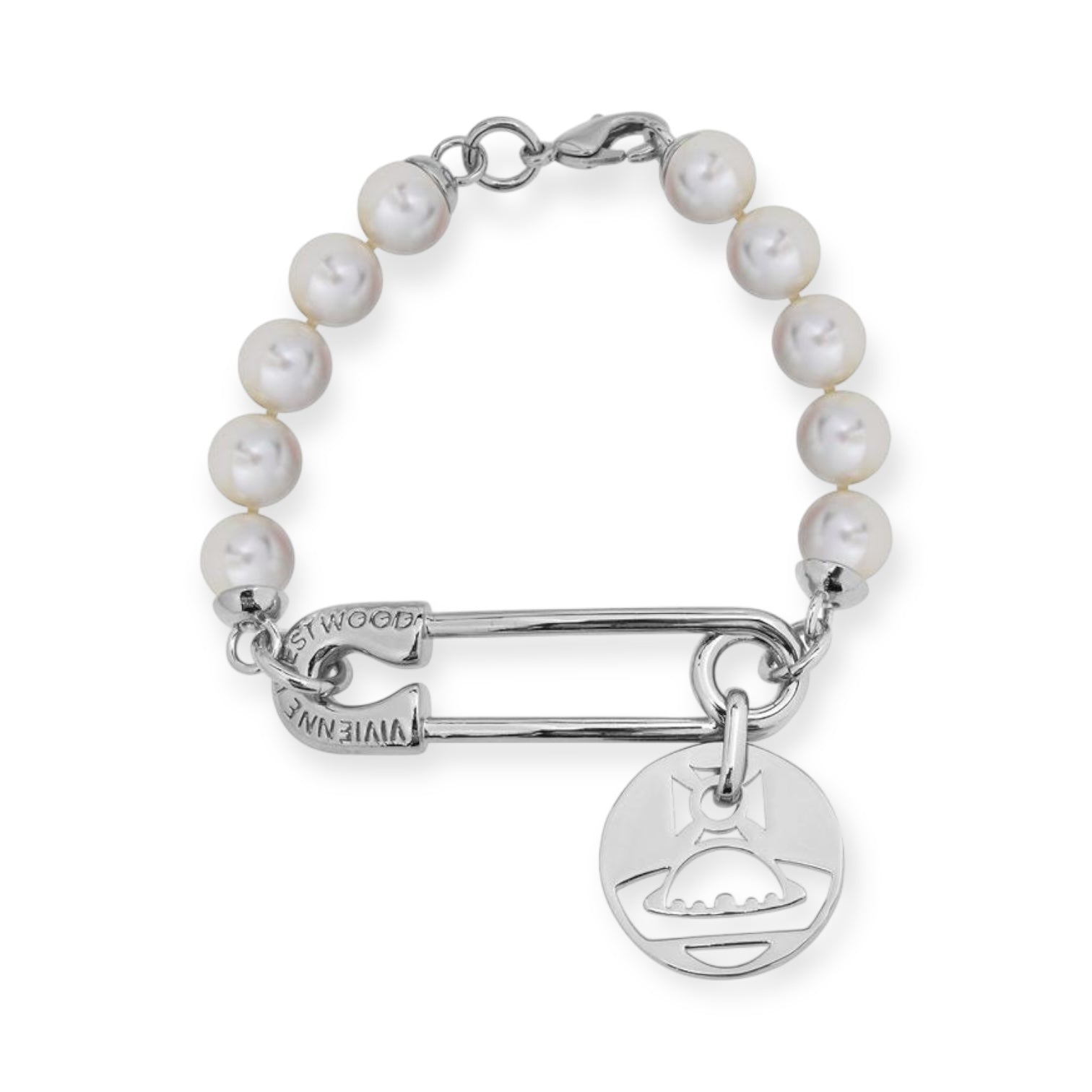 Safety Pin Hanging Cutout Orb Design Pendant Gold & Silver Beaded Pearl Bracelet (2 Colors)