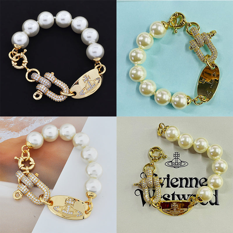 Pearl Hanging Oval Engraved Orb Gem Studded Pendant Chain Link Gold & Silver Bracelet (2 Colors)
