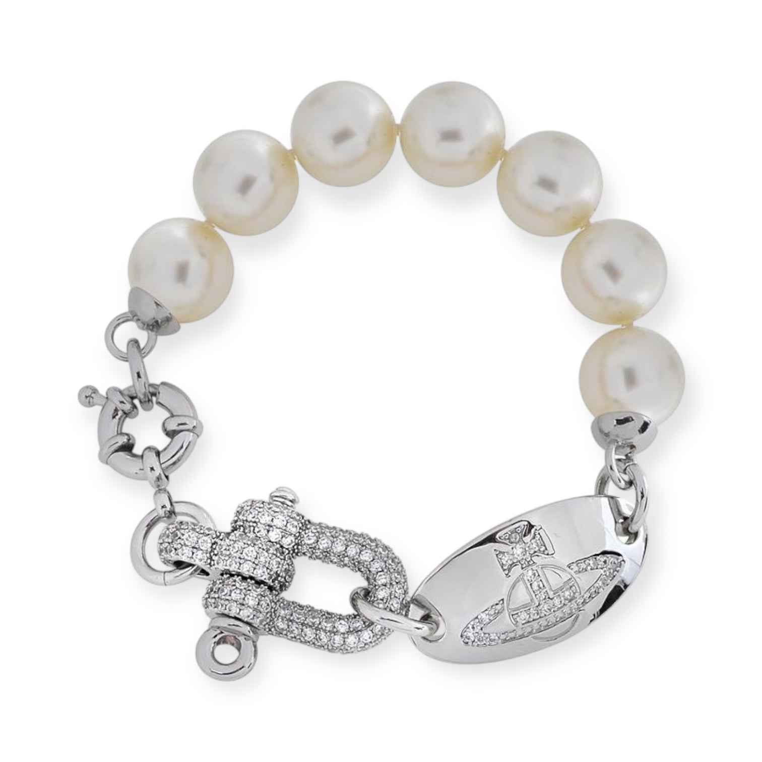 Pearl Hanging Oval Engraved Orb Gem Studded Pendant Chain Link Gold & Silver Bracelet (2 Colors)