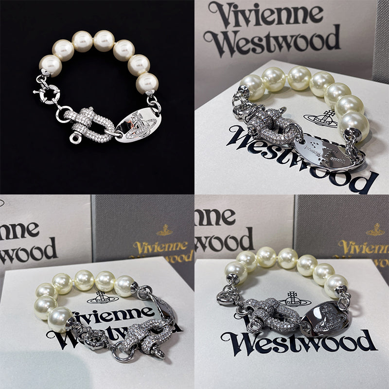 Pearl Hanging Oval Engraved Orb Gem Studded Pendant Chain Link Gold & Silver Bracelet (2 Colors)