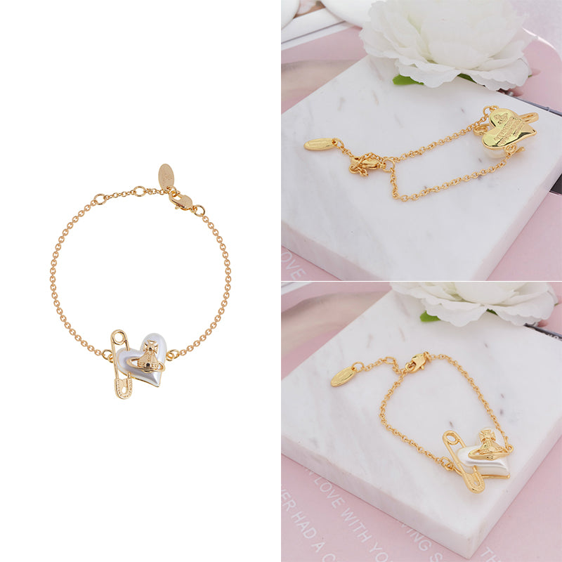 Heart Safety Pin Paperclip Asymmetrical Pearl Orb Design Bracelet (3 Colors)