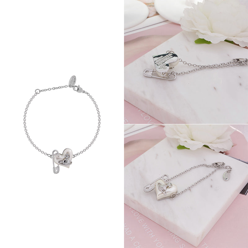 Heart Safety Pin Paperclip Asymmetrical Pearl Orb Design Bracelet (3 Colors)