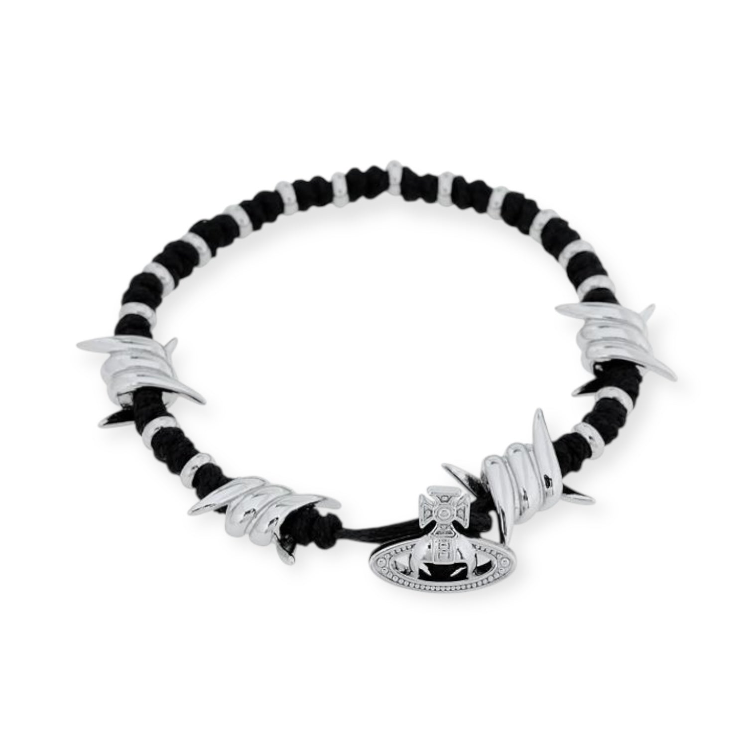 Black Silver Woven Thread Barbed Wire Orb Pendant Bracelet