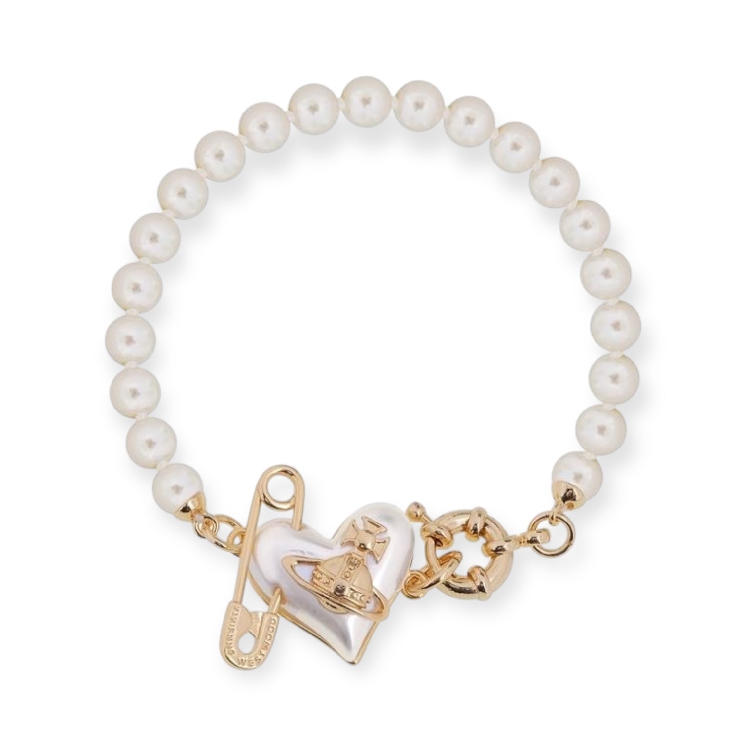Heart Safety Pin Paperclip Asymmetrical Beaded Pearl Orb Design Bracelet (3 Colors)
