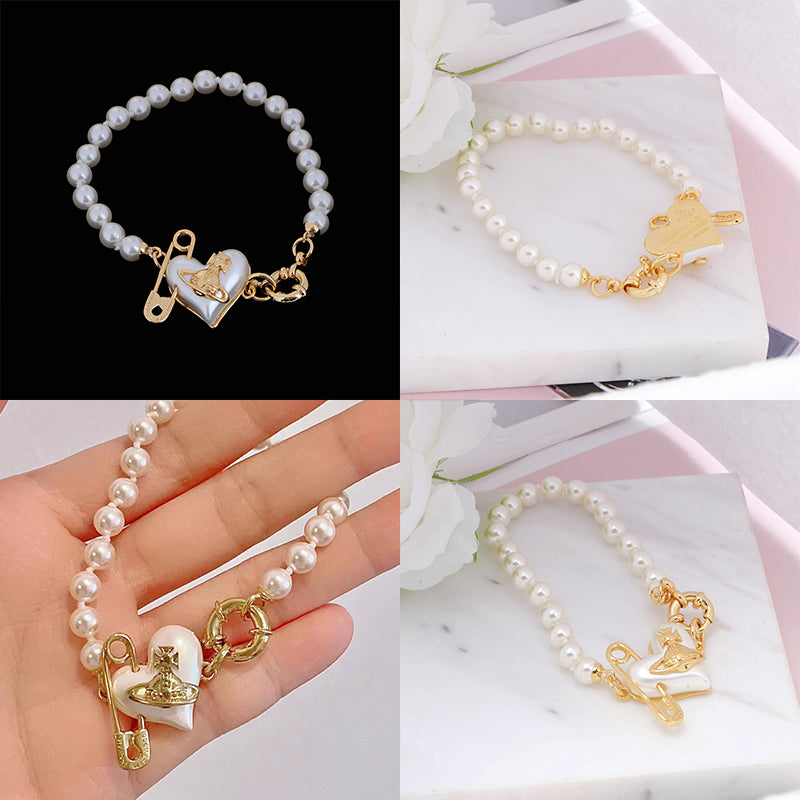 Heart Safety Pin Paperclip Asymmetrical Beaded Pearl Orb Design Bracelet (3 Colors)