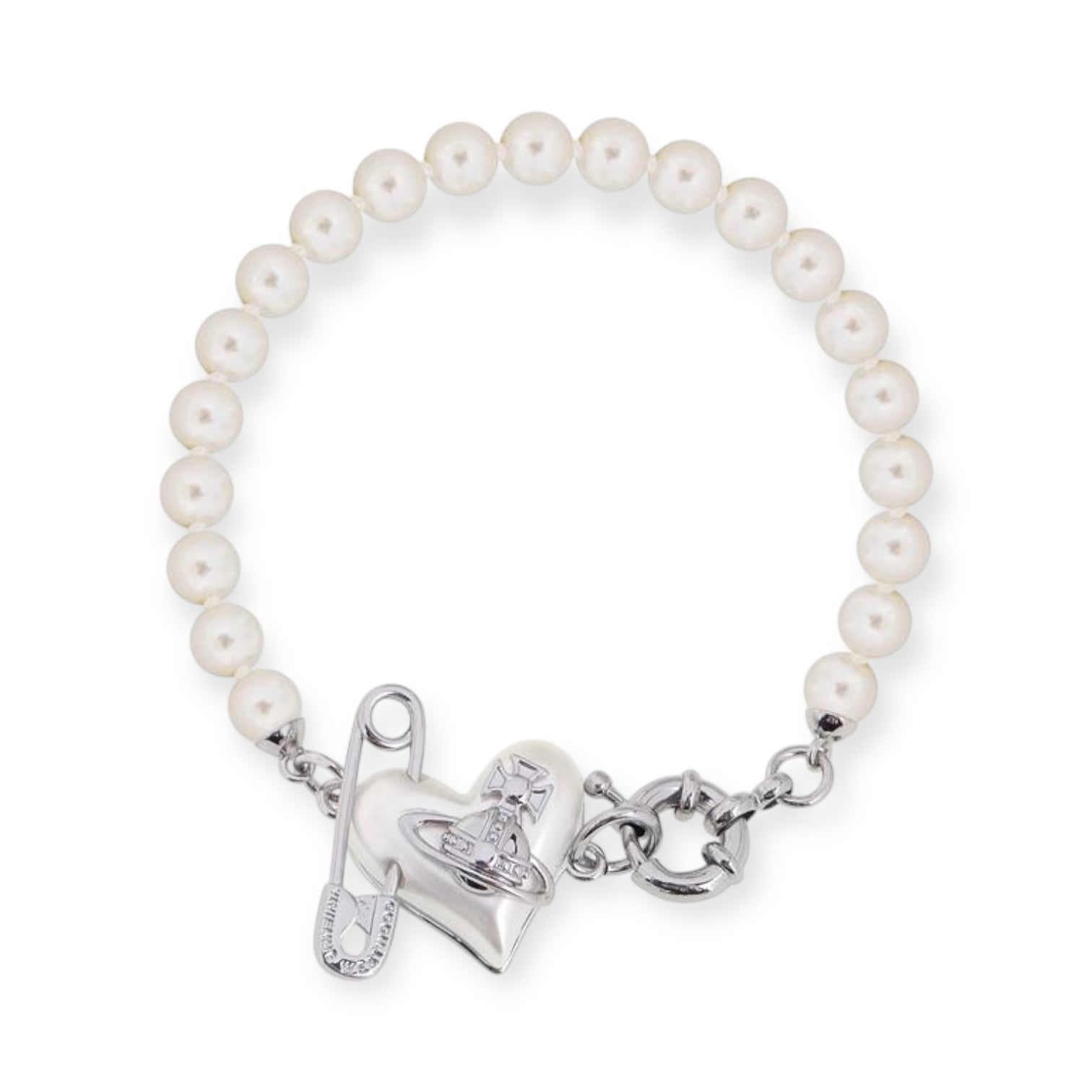 Heart Safety Pin Paperclip Asymmetrical Beaded Pearl Orb Design Bracelet (3 Colors)