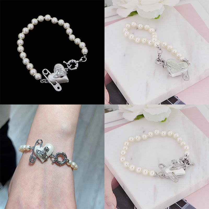 Heart Safety Pin Paperclip Asymmetrical Beaded Pearl Orb Design Bracelet (3 Colors)
