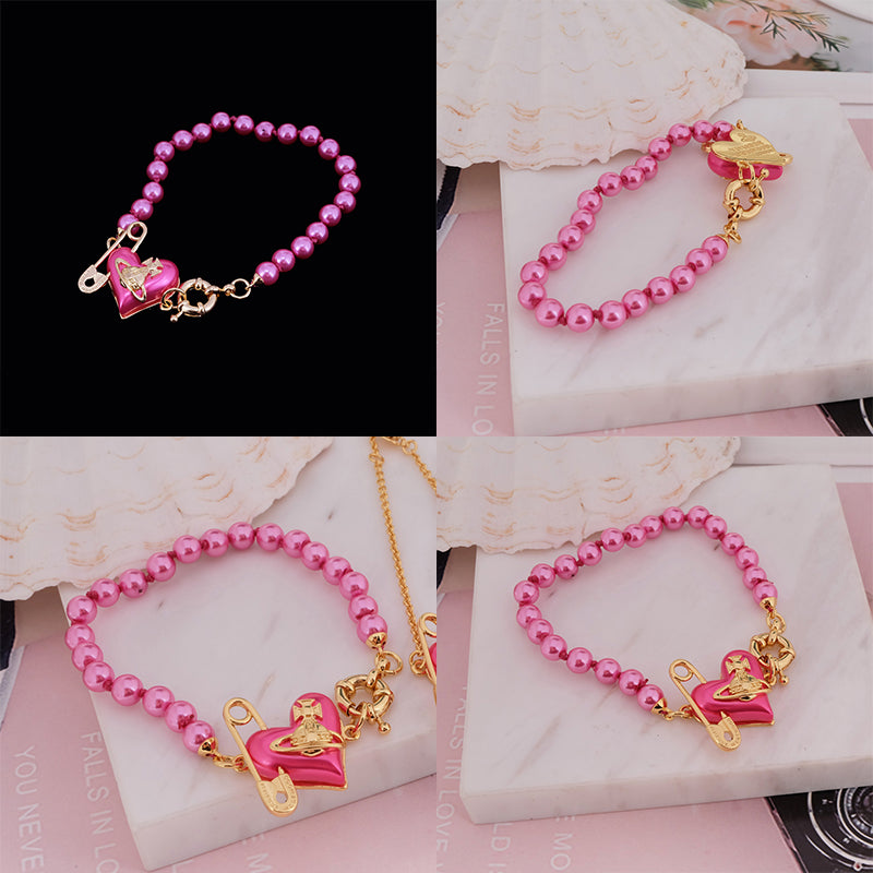 Heart Safety Pin Paperclip Asymmetrical Beaded Pearl Orb Design Bracelet (3 Colors)