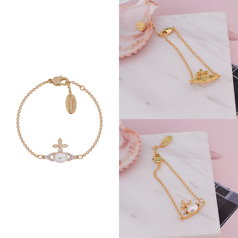 Oval Pearl Orb Gem Studded Leaf Details Bracelet Gold & Silver (2 Colors)
