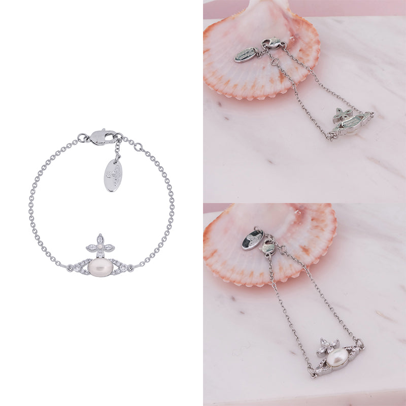 Oval Pearl Orb Gem Studded Leaf Details Bracelet Gold & Silver (2 Colors)