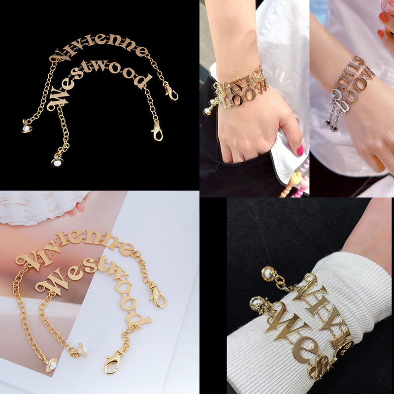 Curved Spellout Letters Statement Name Double Chain 2 Piece Set Bracelet Gold & Silver (2 Colors)