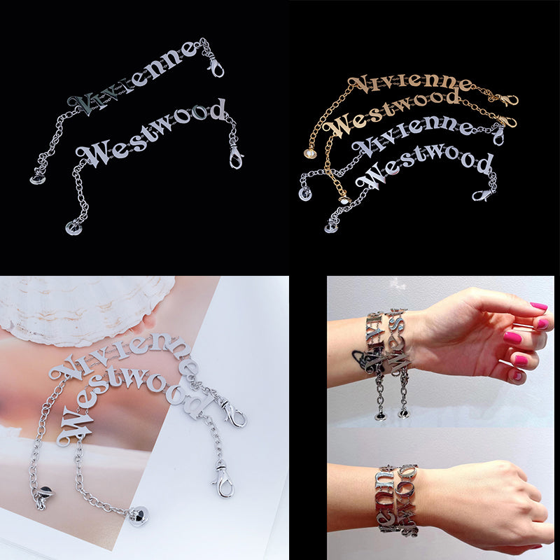 Curved Spellout Letters Statement Name Double Chain 2 Piece Set Bracelet Gold & Silver (2 Colors)