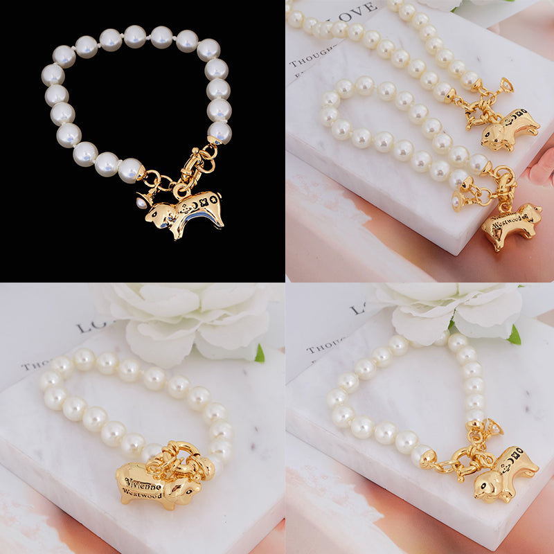 Mini Orb Engraved Pig Animal Gold & Silver Pearl Beaded Bracelet (2 Colors)
