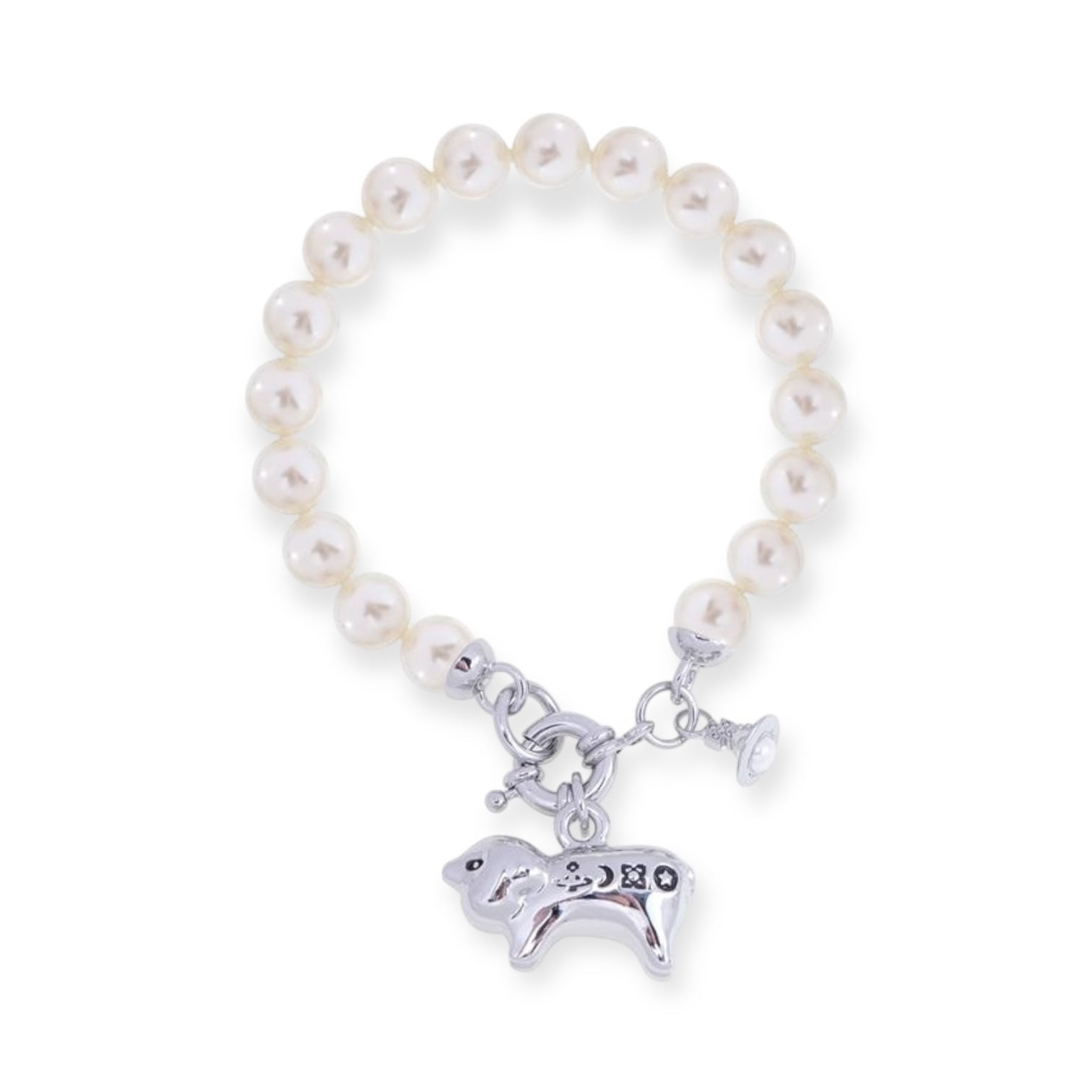 Mini Orb Engraved Pig Animal Gold & Silver Pearl Beaded Bracelet (2 Colors)