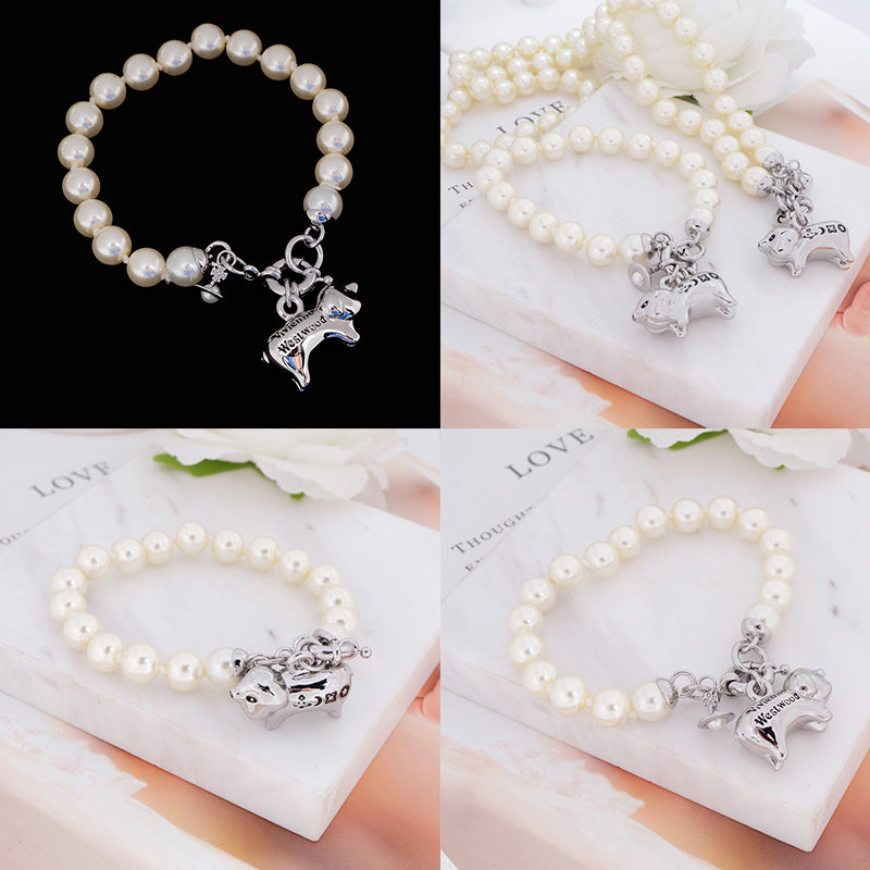Mini Orb Engraved Pig Animal Gold & Silver Pearl Beaded Bracelet (2 Colors)
