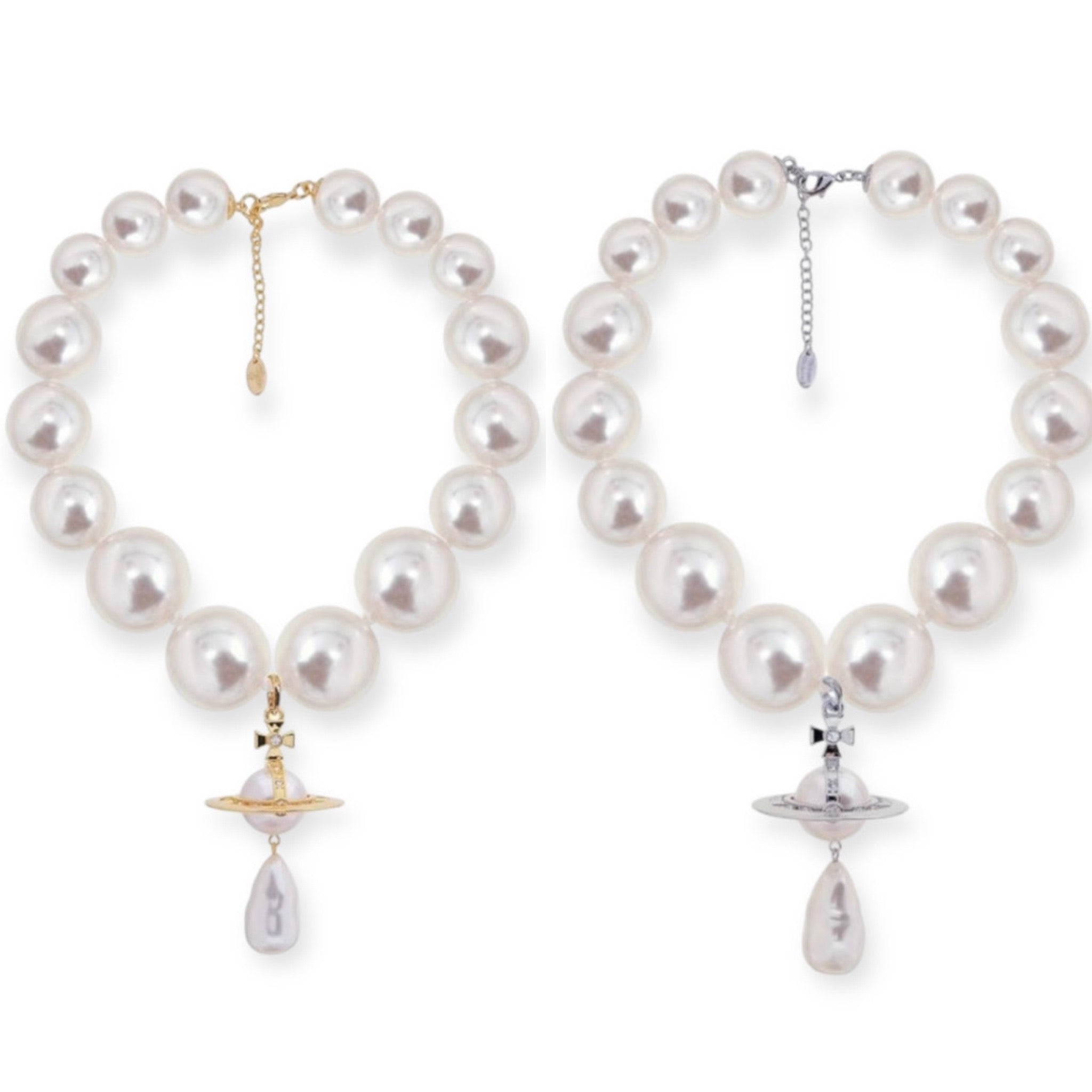 Jumbo Pearl Choker Tear Drop Orb Pendant Necklace Gold & Silver (2 Colors)