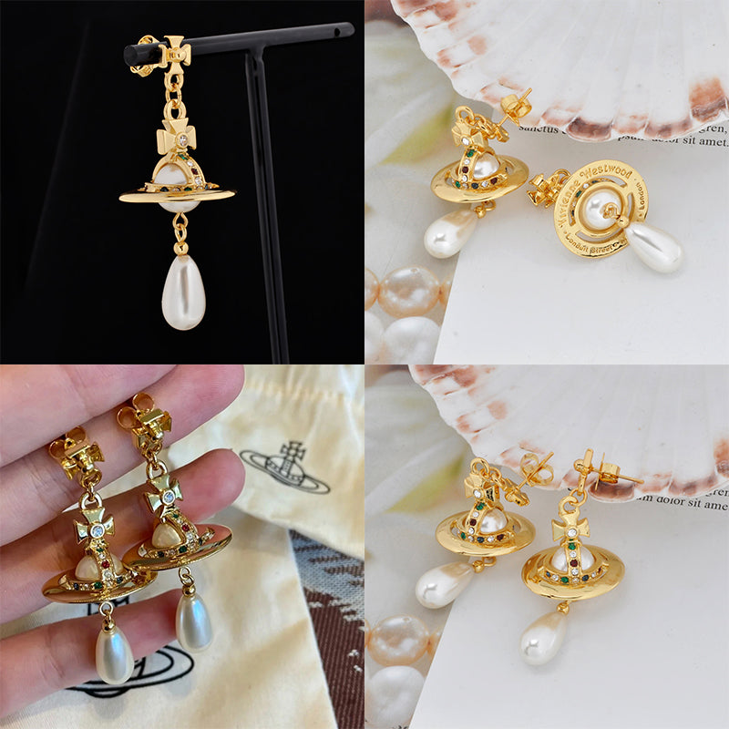 Beaded Pearl Orb Tear Drop Pendant Earrings Gold & Silver