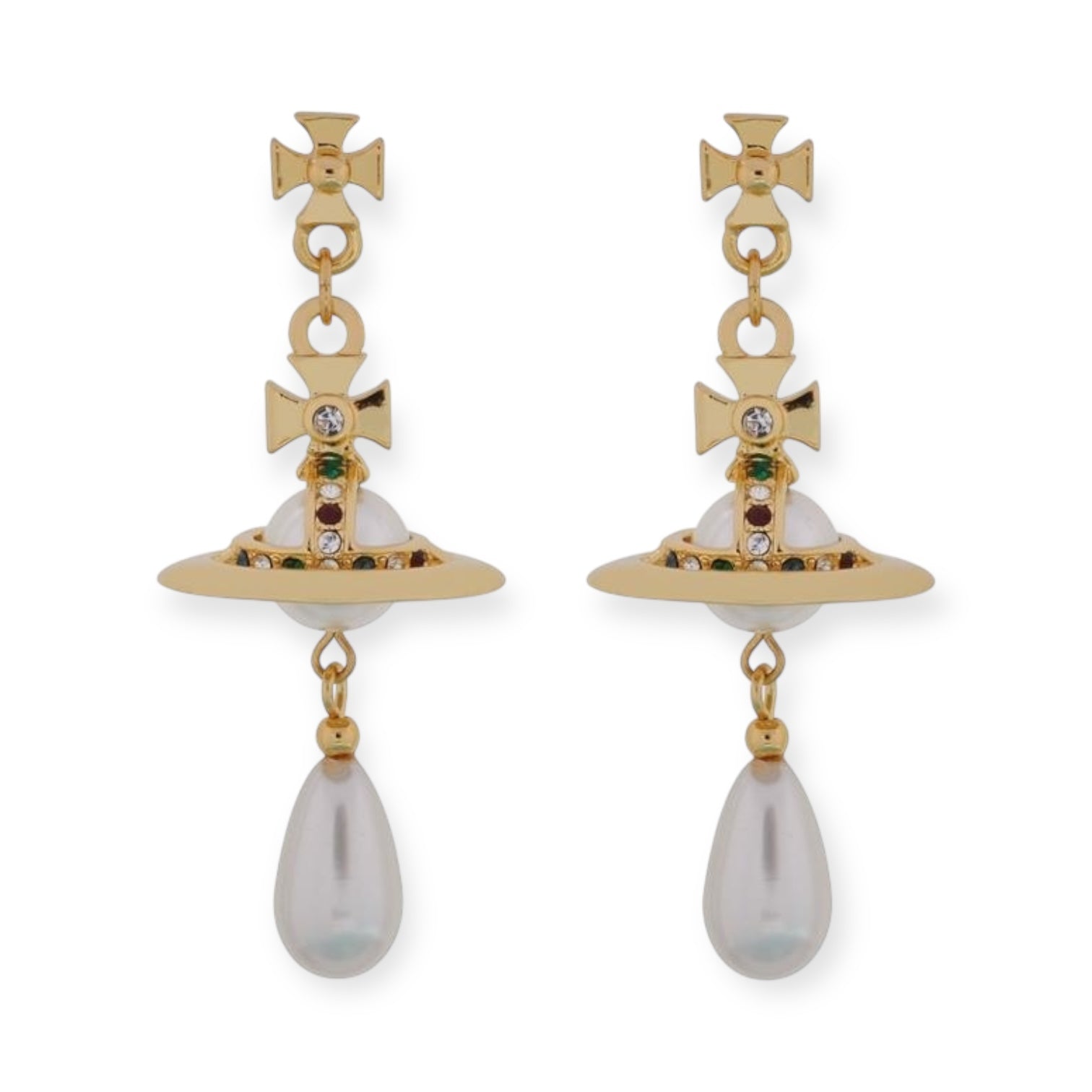 Beaded Pearl Orb Tear Drop Pendant Earrings Gold & Silver