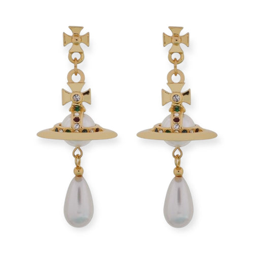 Beaded Pearl Orb Tear Drop Pendant Earrings Gold & Silver