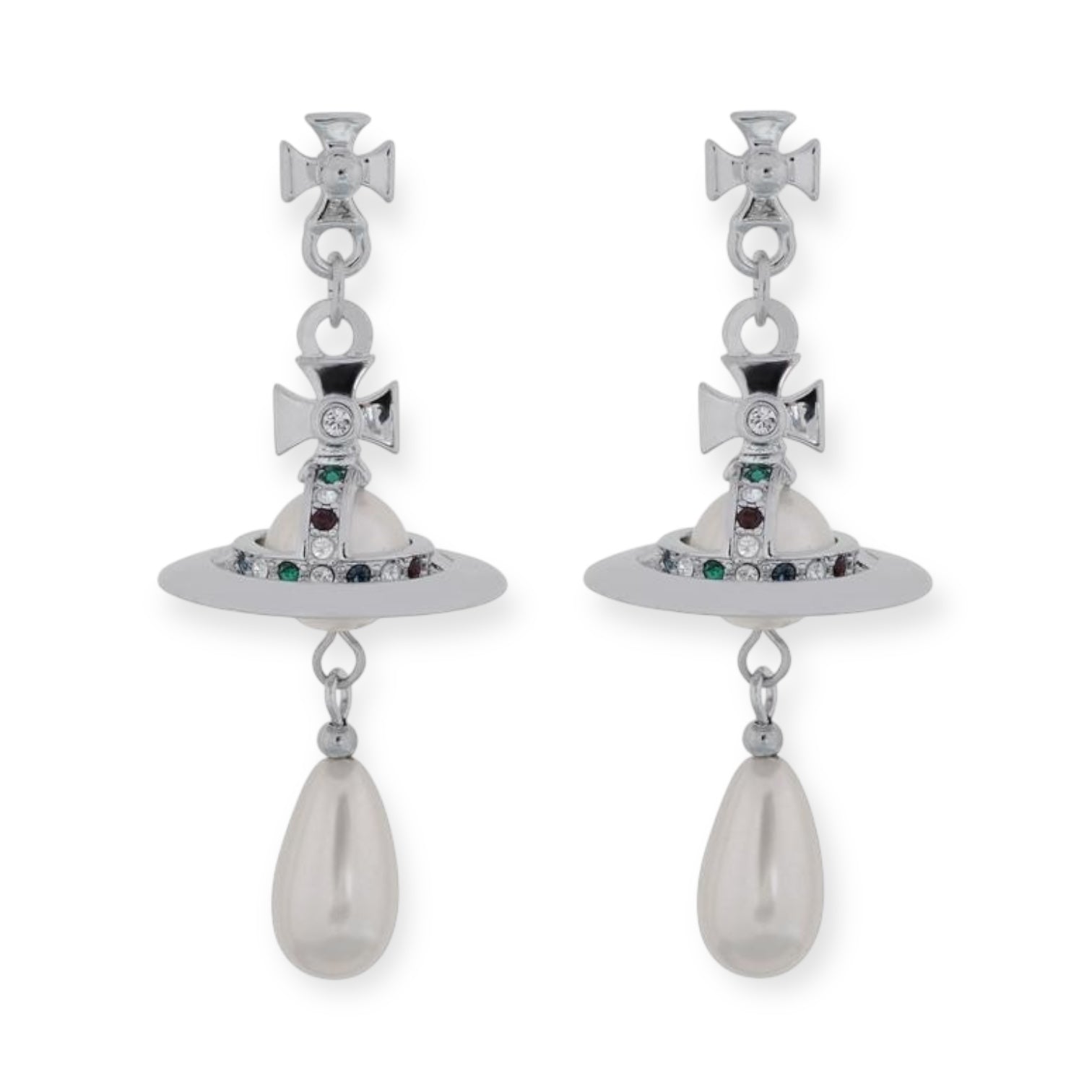 Beaded Pearl Orb Tear Drop Pendant Earrings Gold & Silver
