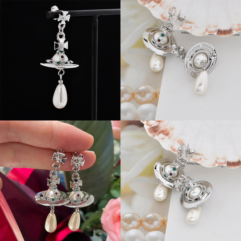 Beaded Pearl Orb Tear Drop Pendant Earrings Gold & Silver