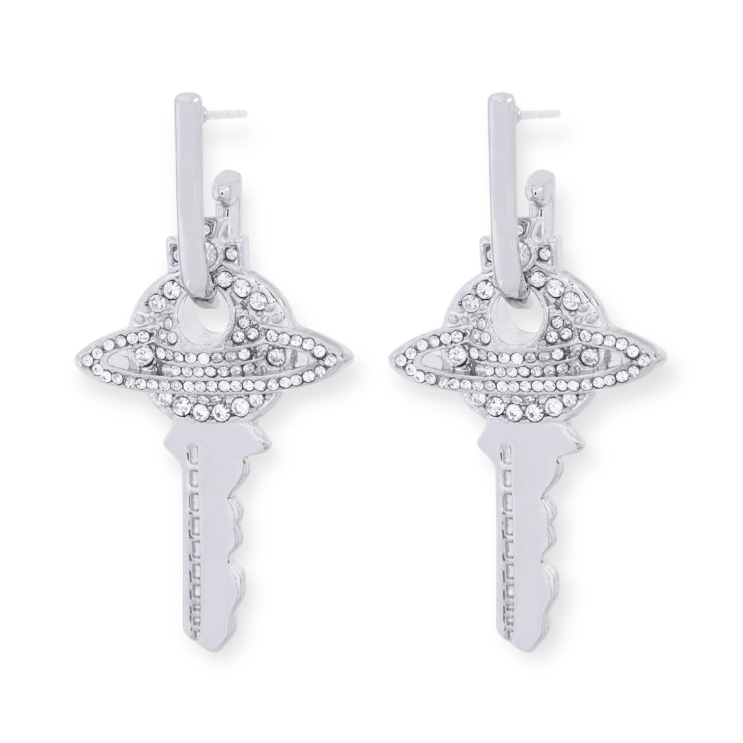 Key Orb Pendant Silver Gem Studded Earrings Gold & Silver (2 Colors)