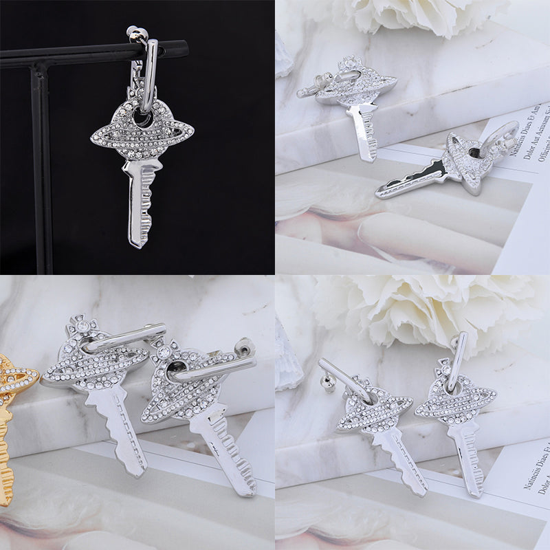 Key Orb Pendant Silver Gem Studded Earrings Gold & Silver (2 Colors)