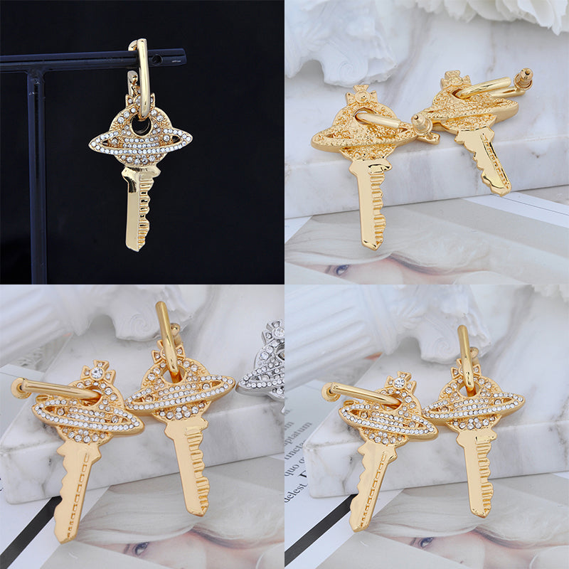 Key Orb Pendant Silver Gem Studded Earrings Gold & Silver (2 Colors)