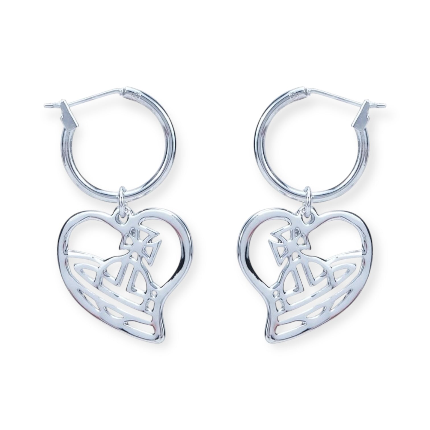 Silver Heart Shape Outline Orb Design Hoop Earrings