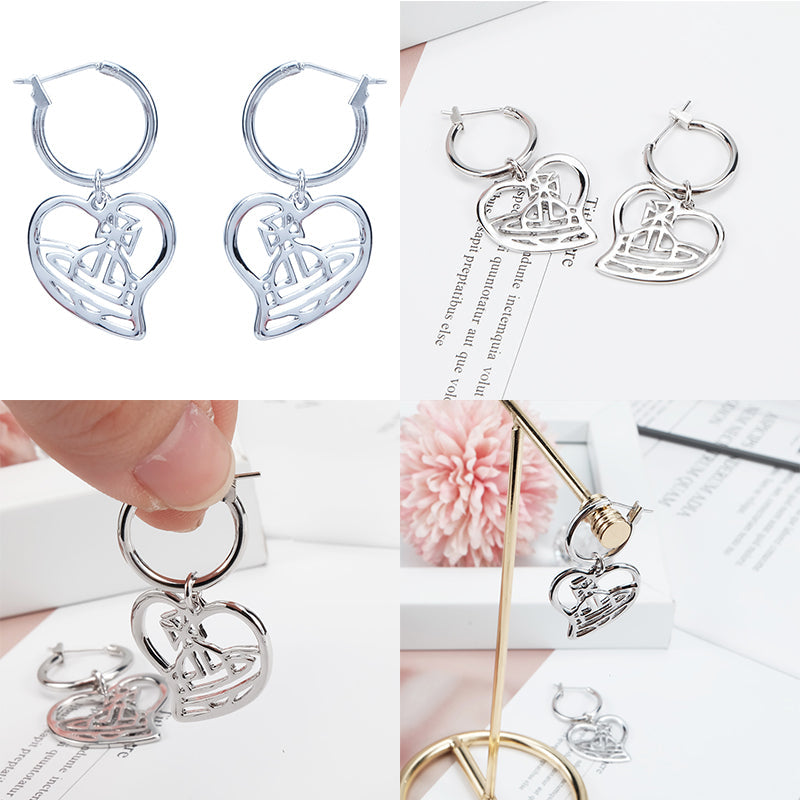 Silver Heart Shape Outline Orb Design Hoop Earrings