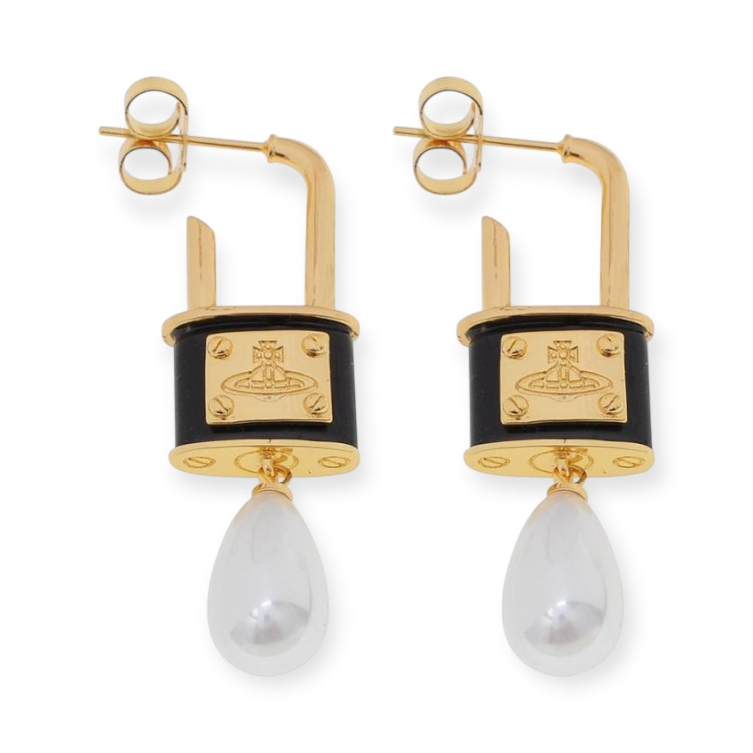 Rens Lock Locket Padlock Pendant Pearl Drop Earrings (4 Colors)