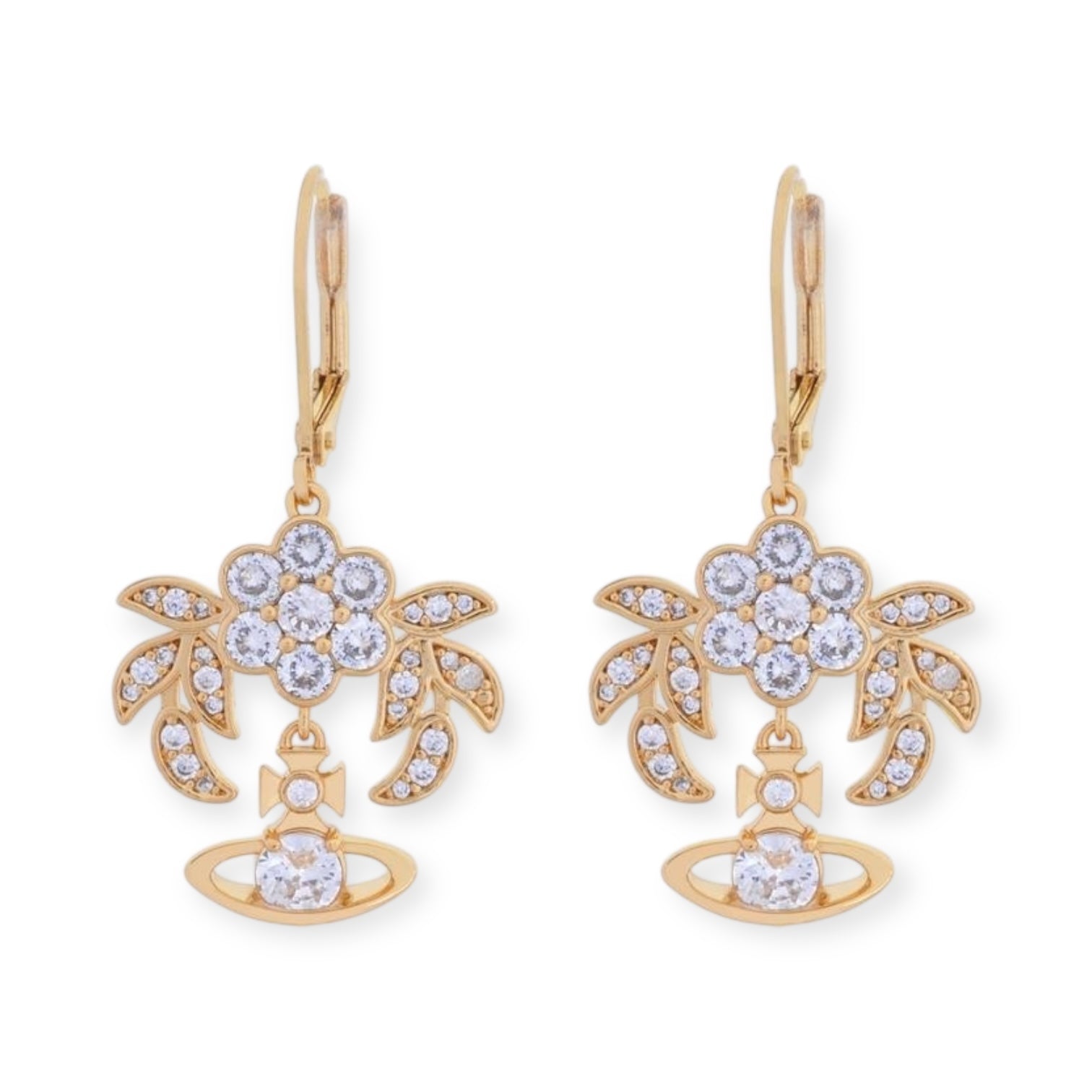 Flower Studded Leaves Mini Gem Orb Hanging Pendant Earrings (4 Colors)