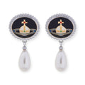 Pebble Engraved Orb Pendant Hanging Silver Pearl Drop Earrings (5 Colors)