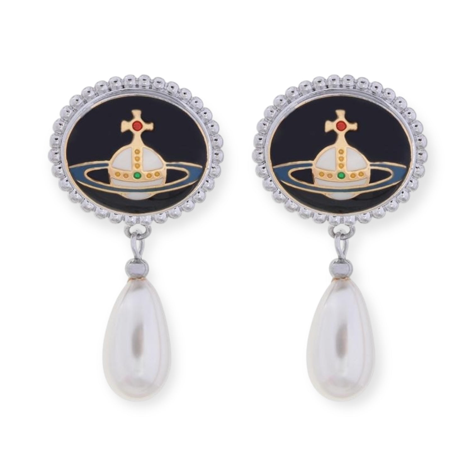 Pebble Engraved Orb Pendant Hanging Silver Pearl Drop Earrings (5 Colors)